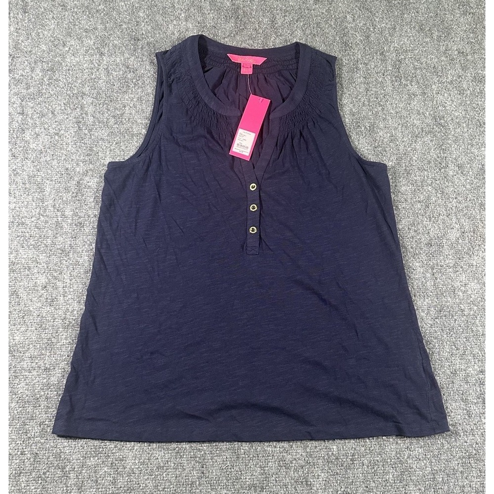 Lilly Pulitzer Women's L Navy Blue Essie Sleeveless Top Button Henley  NWT